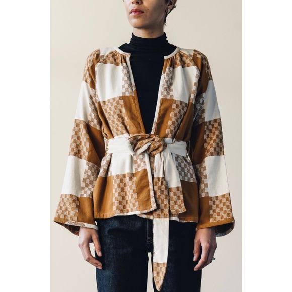 Ace & Jig Sweaters - Ace & Jig Womens Chase Cardigan Clove Brown Plaid Waist Tie Size XS Cotton